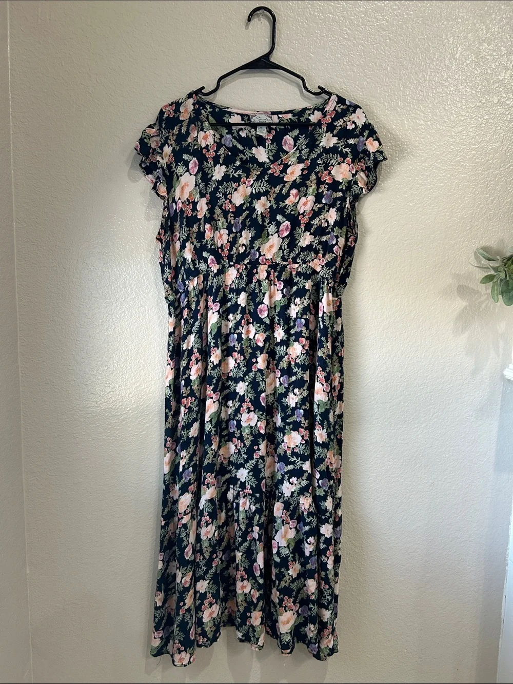 Studio West Women’s Navy Midi Dress Pink Floral Print Sz XL Ruffle Summer TC0013